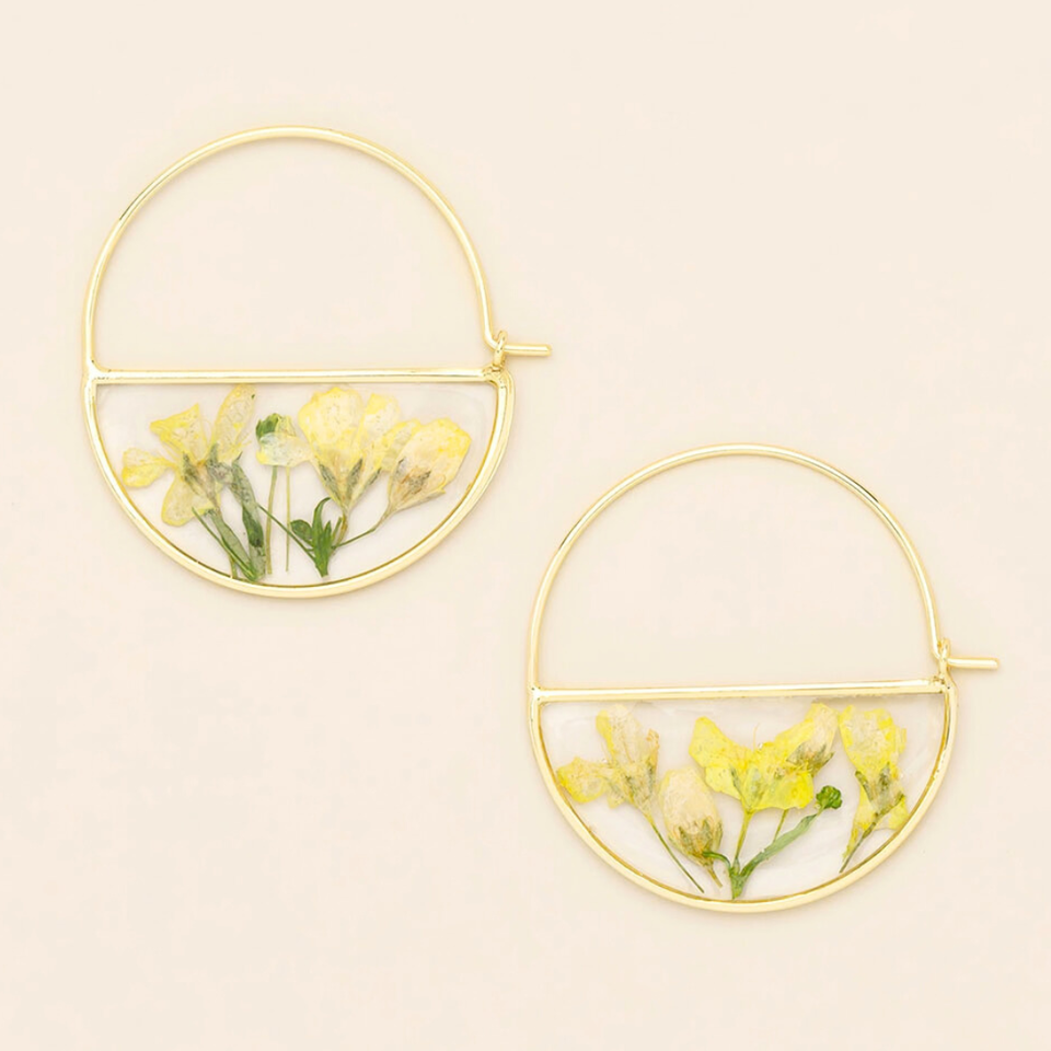 Pressed Flower Hoop Earring - Yellow Baby's Breath/Gold