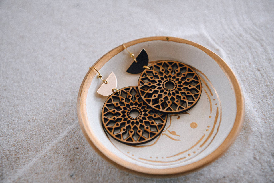 Gold Plated Half Moon and Wood Earrings : Mandala Tiered Earrings