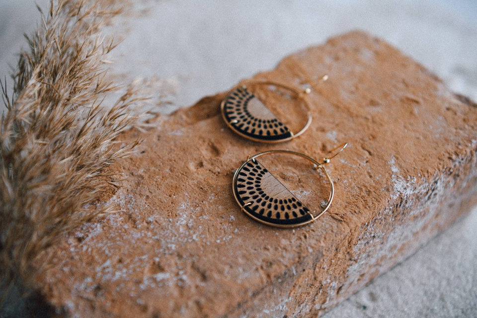 Gold Plated Half Moon and Wood Earrings : Pomegranate Tiered Earrings