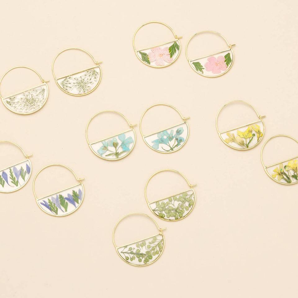 Pressed Flower Hoop Earring - Purple Cornflower/Gold