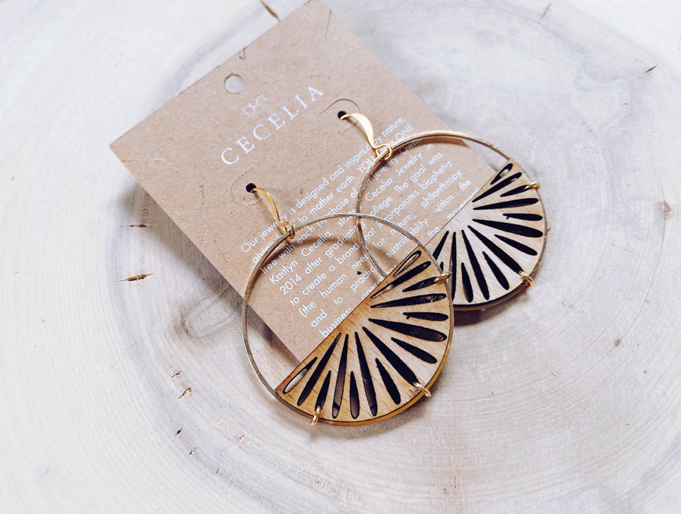Gold Plated Half Moon and Wood Earrings : Orange Slice Tiered Earrings