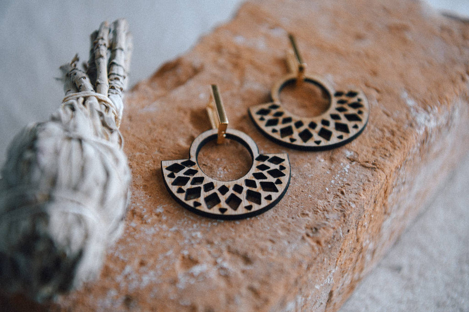 Golden Glow Wood and Gold-Plated Rectangle Earrings: Geo