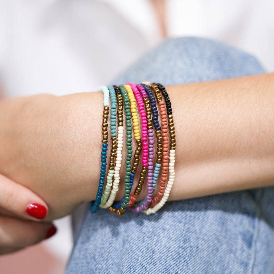 Sage Color Block Beaded 10 Strand Stretch Bracelets Gold Block