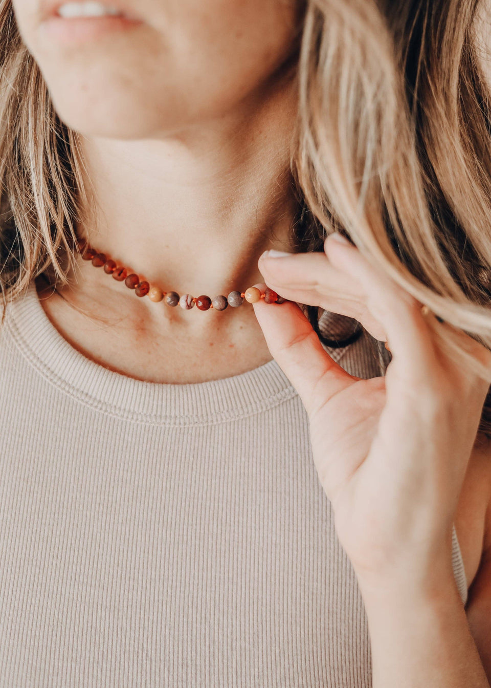 Raw Cognac Baltic Amber + Mookaite Jasper || Necklace: 11" Baby Necklace