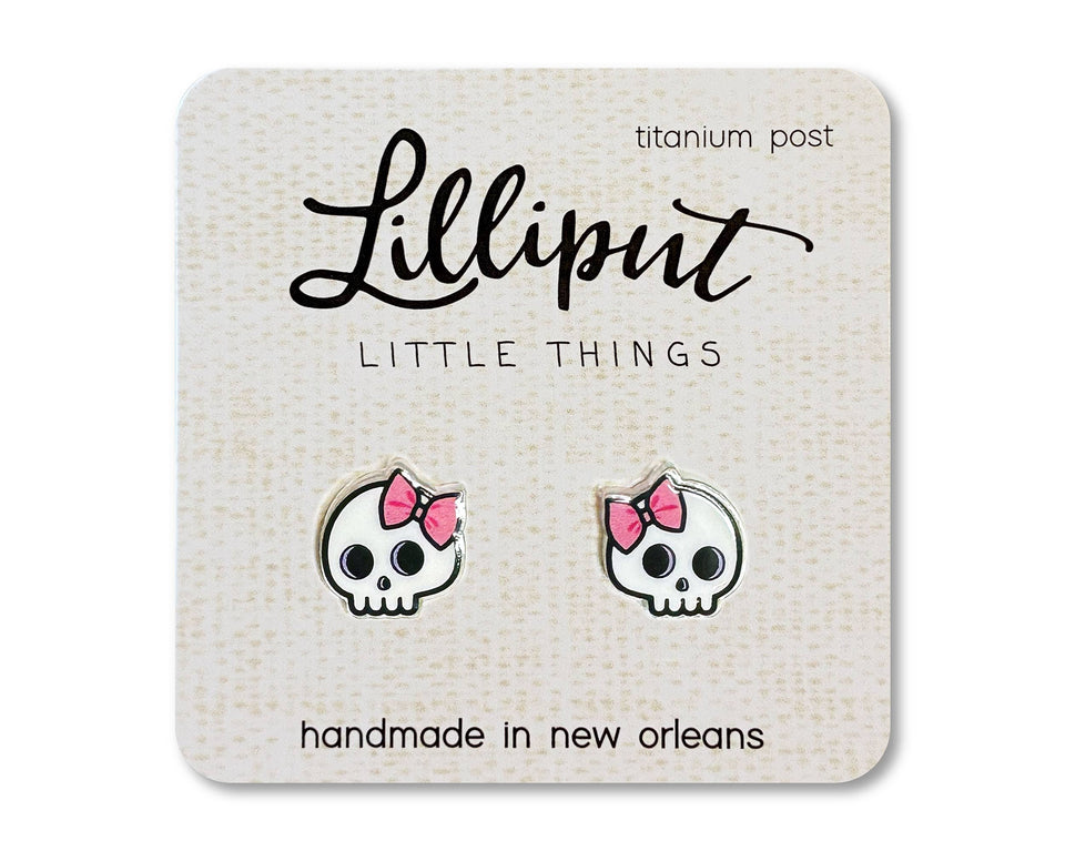 Cute Skull Earrings // Skull w Pink Bow