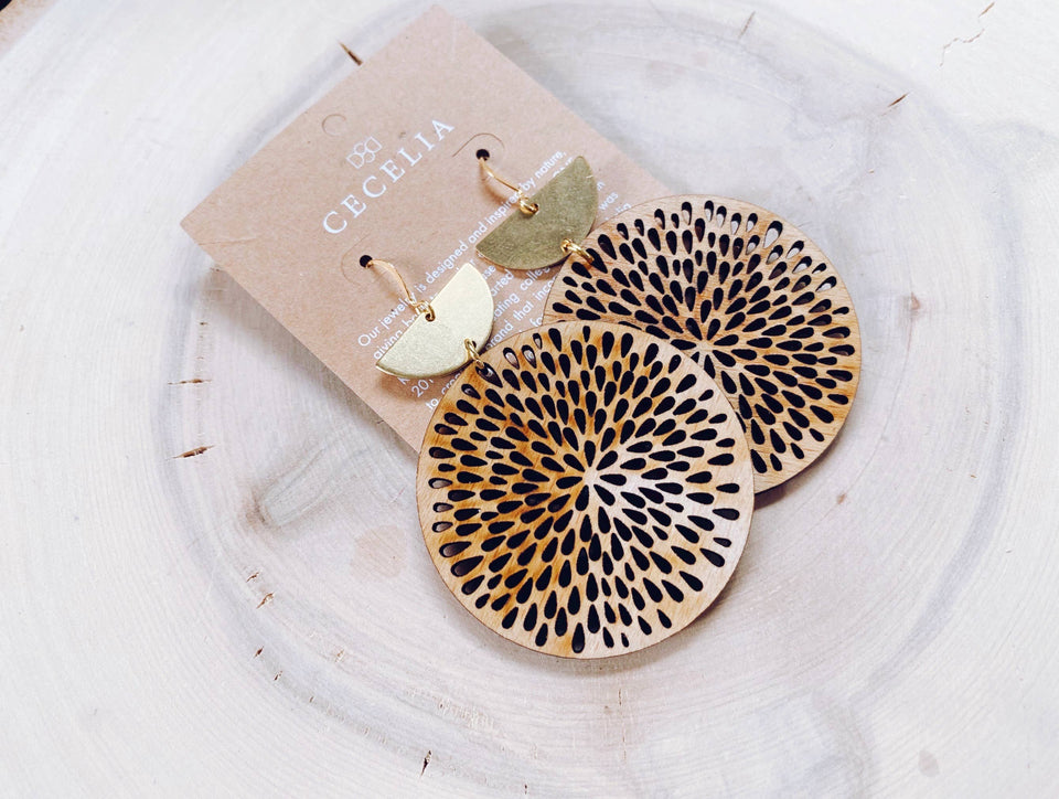 Gold Plated Half Moon and Wood Earrings : Pomegranate Tiered Earrings