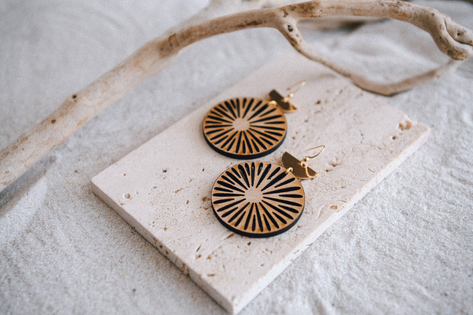 Gold Plated Half Moon and Wood Earrings : Half Moon Mandala Brass
