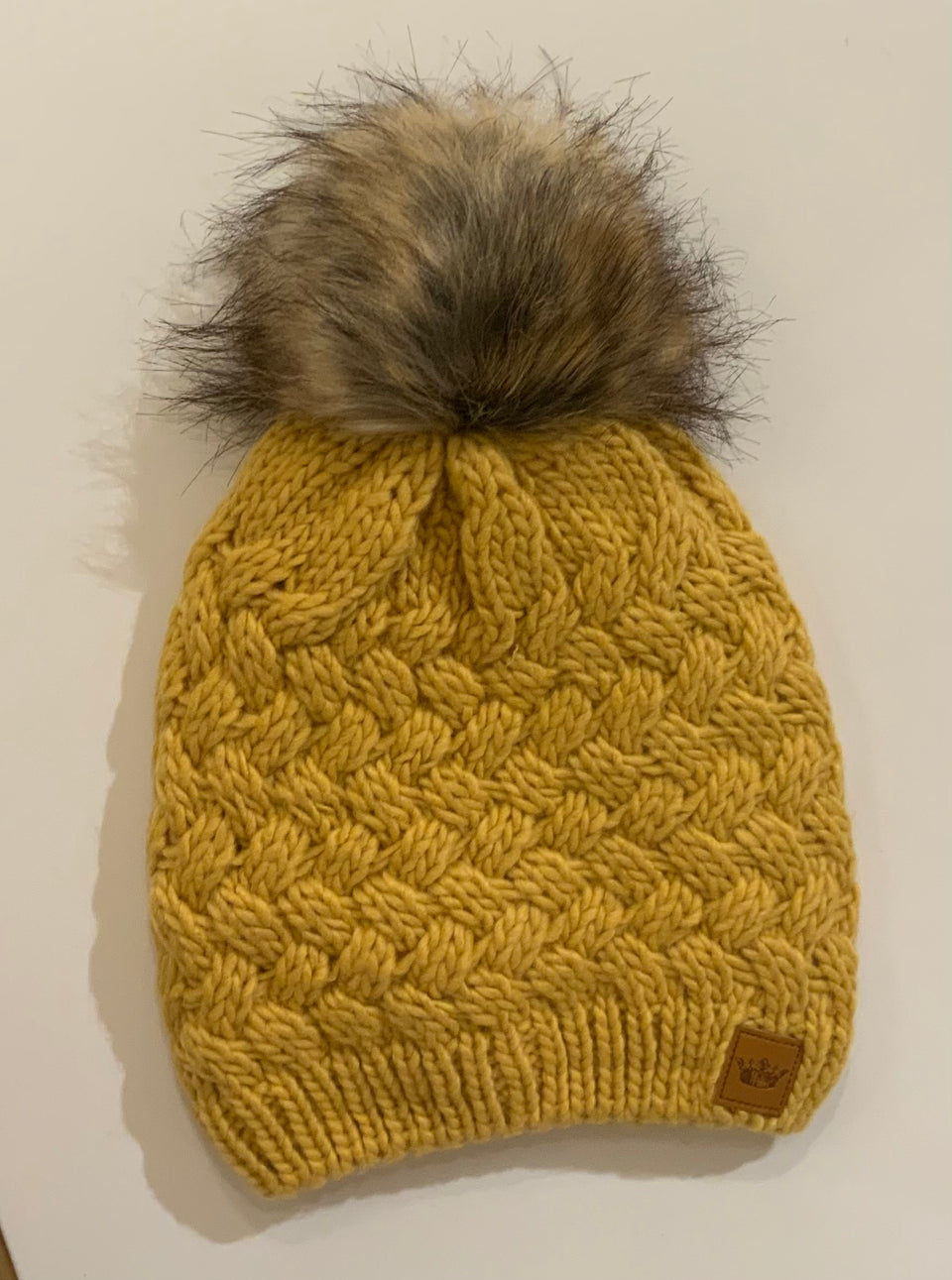 Yellow Zigzag Knit Hat with Pom