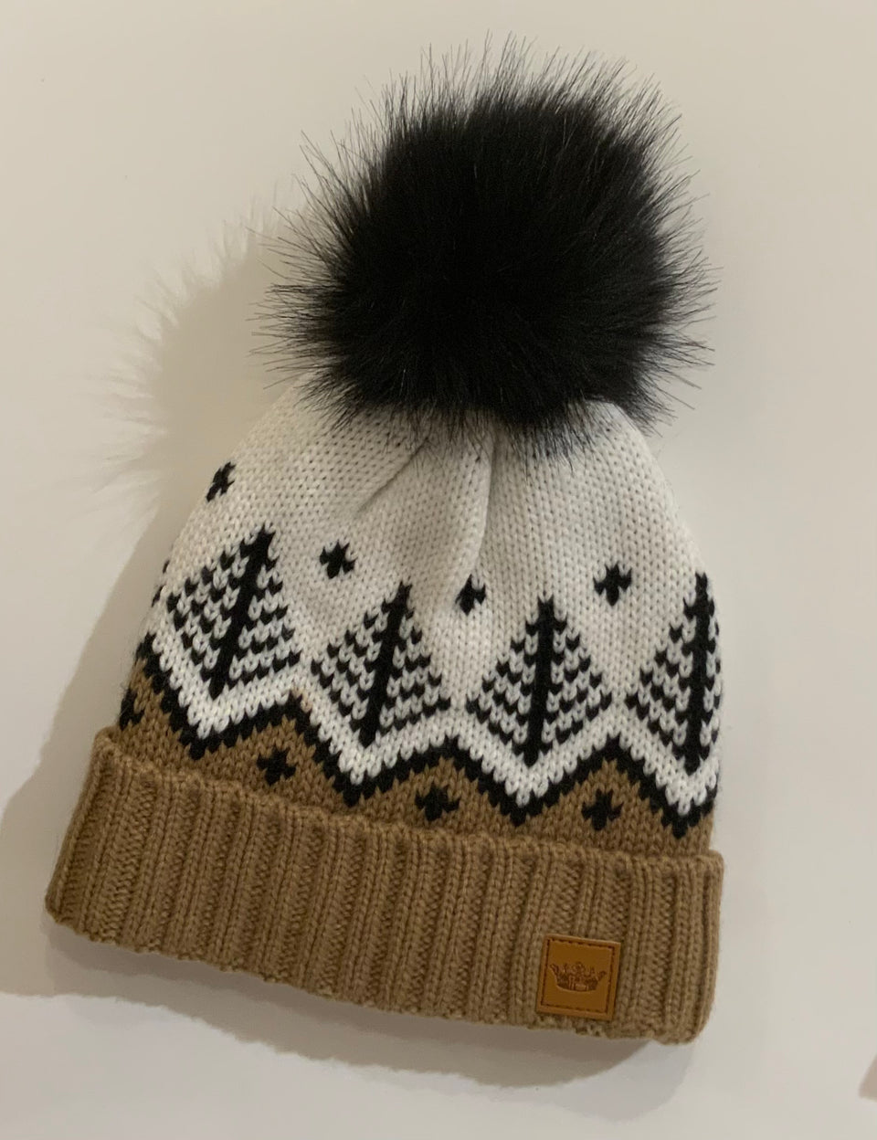 Black and White Stitched Knit Hat with Pom