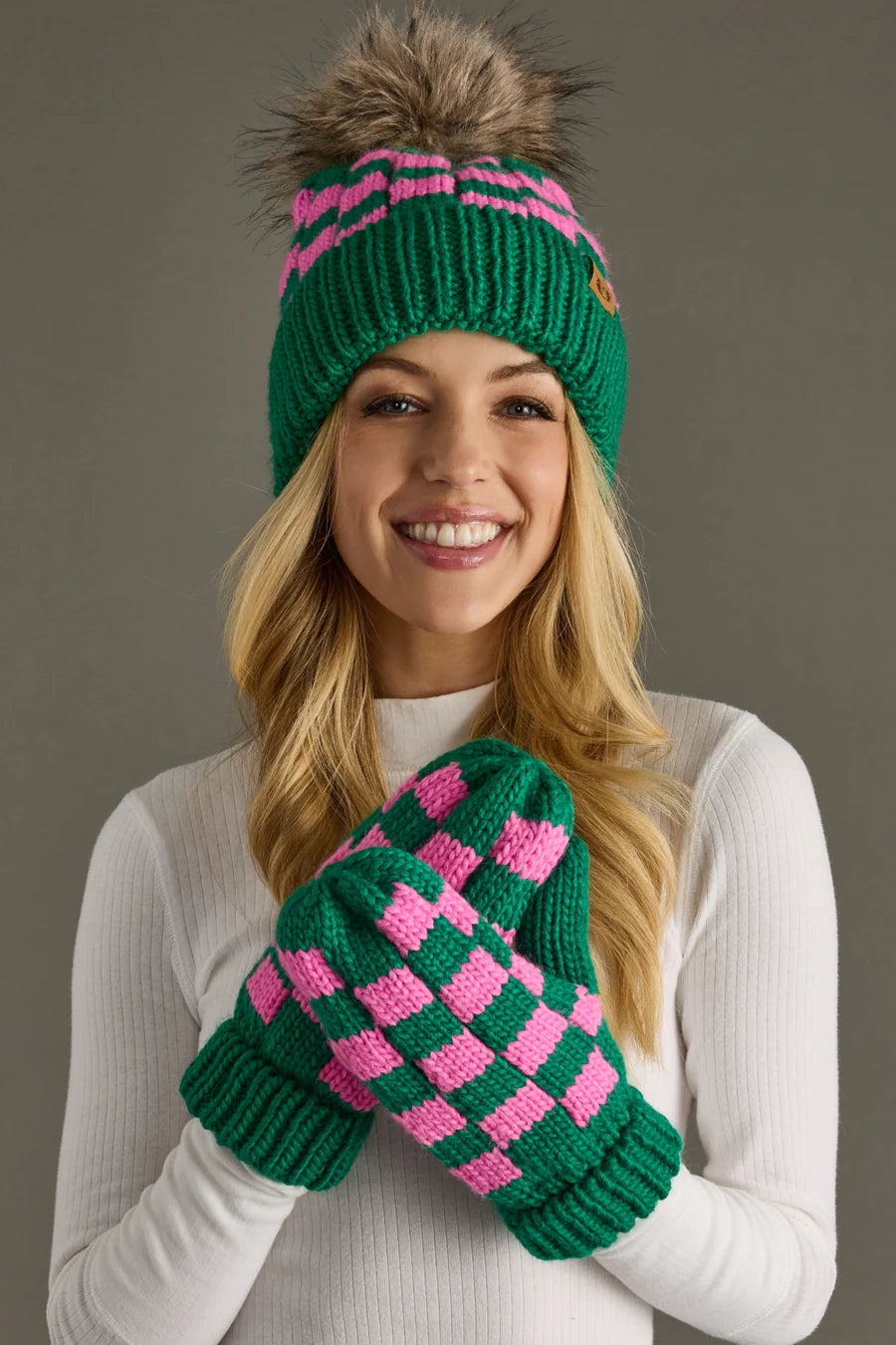 Pink & Green Checked Mittens