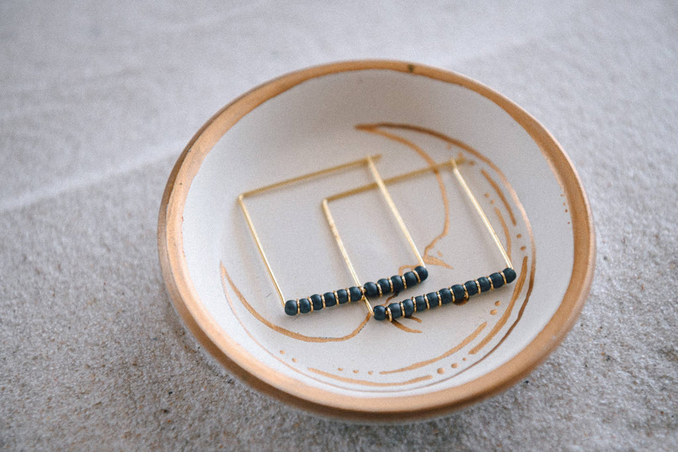 Gold Plated Beaded Square Hoop Earrings: Matte Grey TOHO