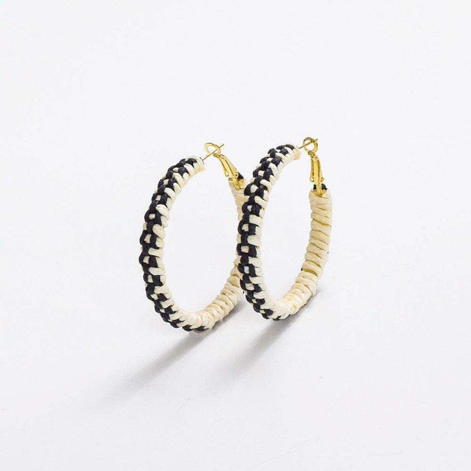 Holly Two-Color Woven Raffia Hoops Ivory and Black