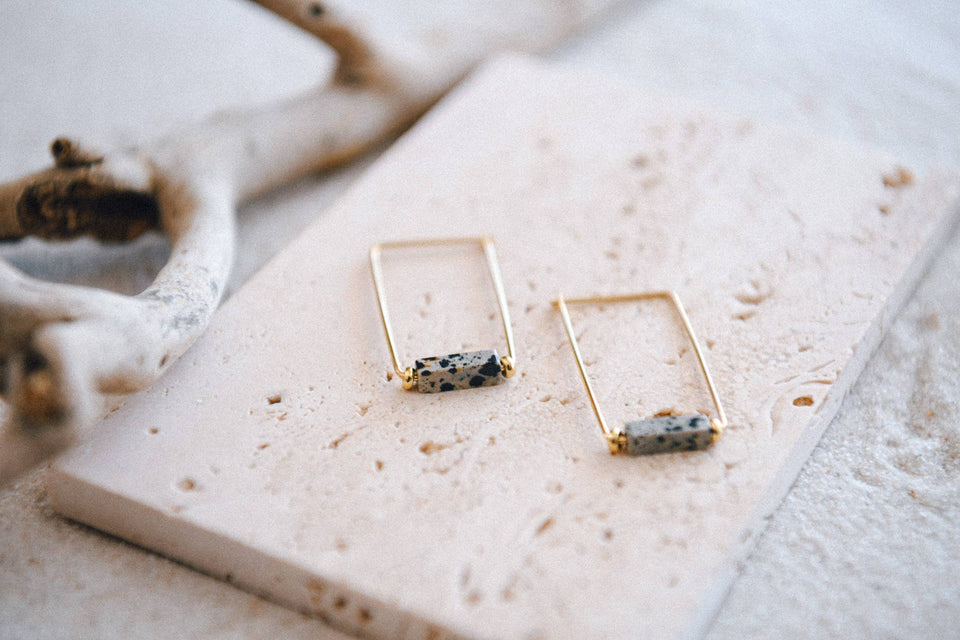 Eventide Rectangular Gold Lightweight Hoops : Dalmation Jasper