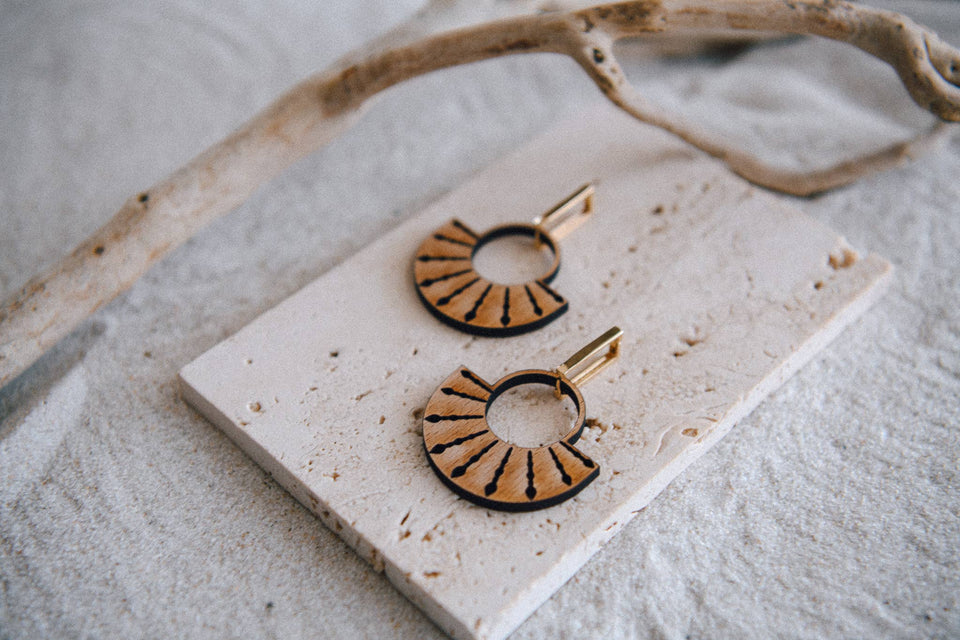 Golden Glow Wood and Gold-Plated Rectangle Earrings: Geo
