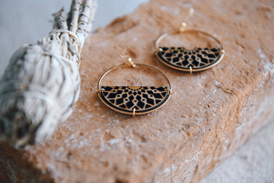 Gold Plated Half Moon and Wood Earrings : Pomegranate Tiered Earrings