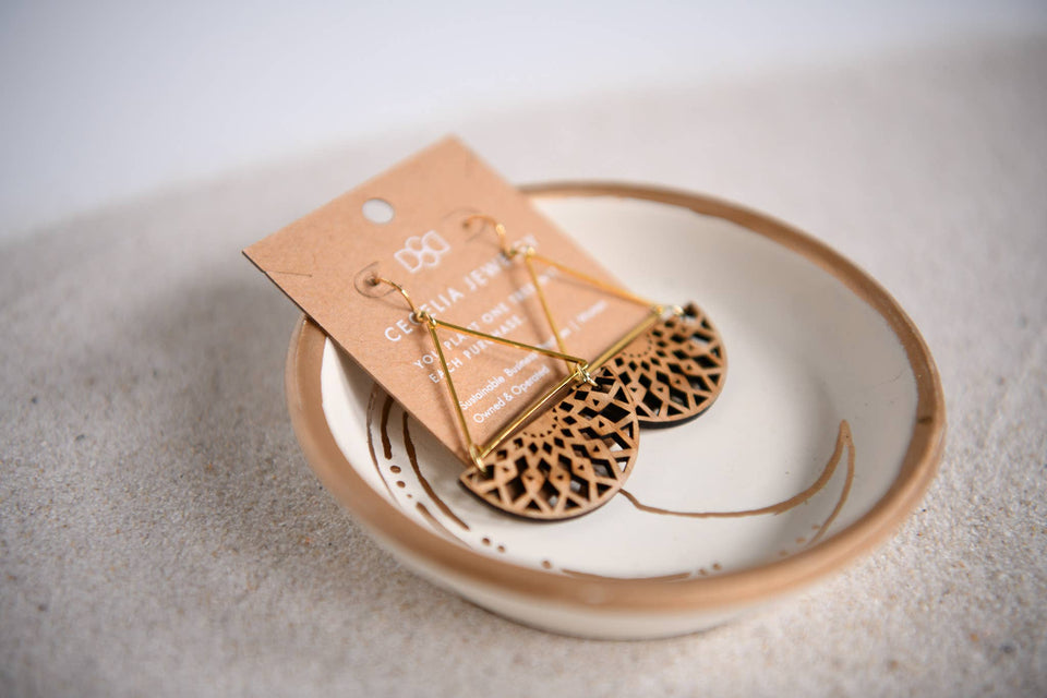 Triangle and Half Moon Wood Earrings: Mandala