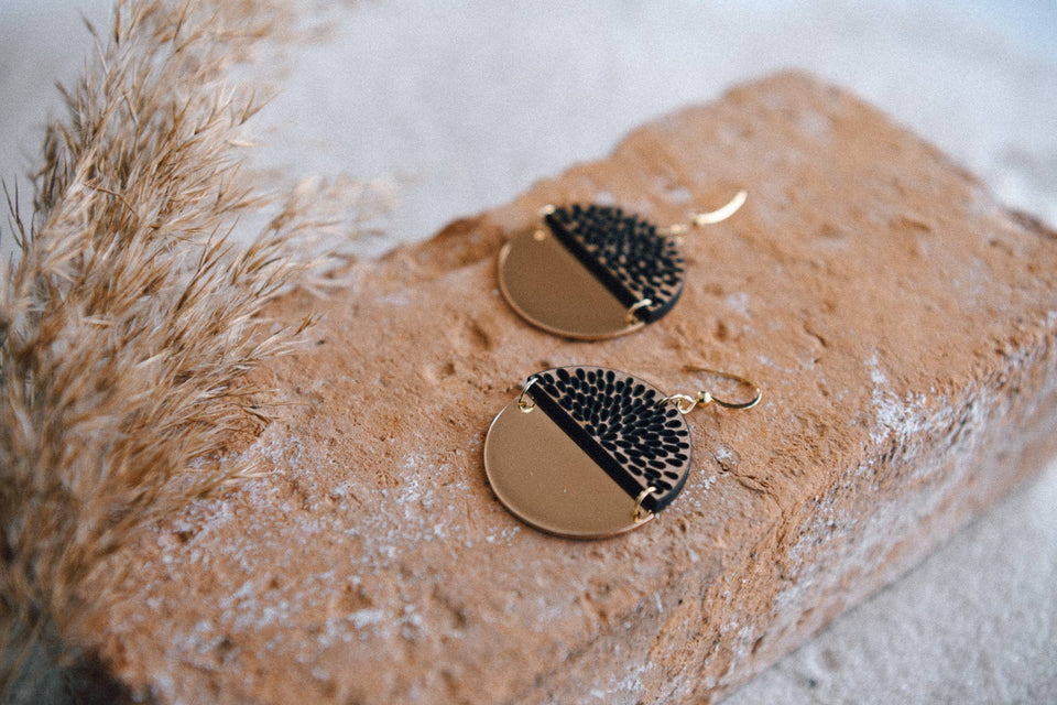 Gold Plated Half Moon and Wood Earrings : Pomegranate Tiered Earrings