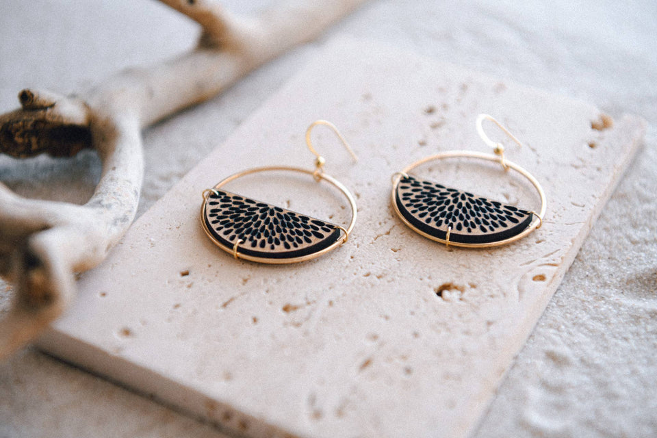 Gold Plated Half Moon and Wood Earrings : Orange Slice Tiered Earrings
