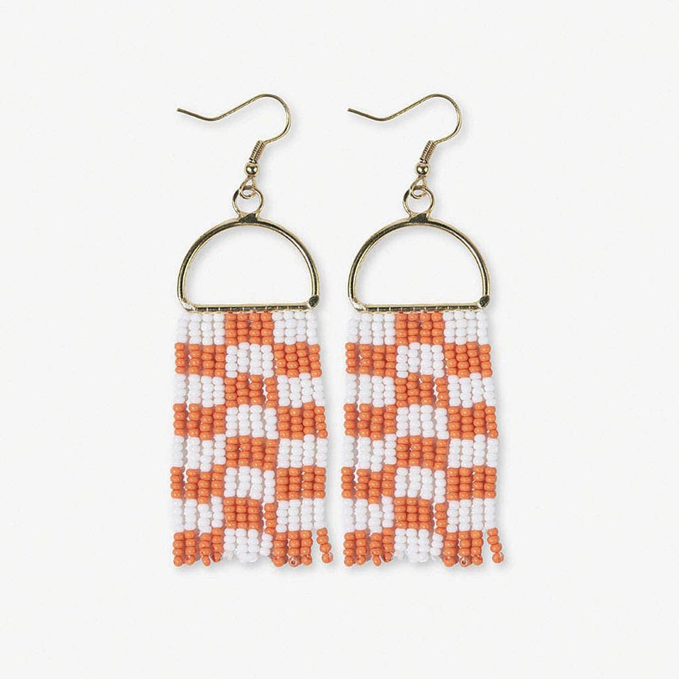 Allison Checked Beaded Fringe Earrings Orange and White Wholesale