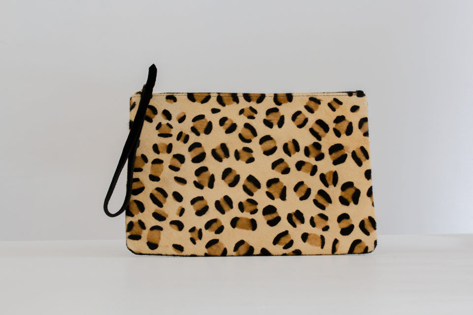 Pony Leather Leopard Clutch Bag With A Wrist Strap - Umpie Handbags