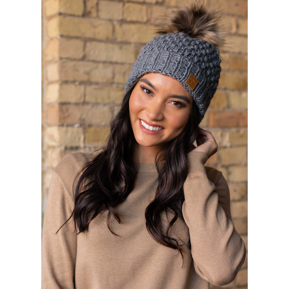 Fleece Lined Knit Hat with Pom - Grey. cute winter and fall accessories for women 