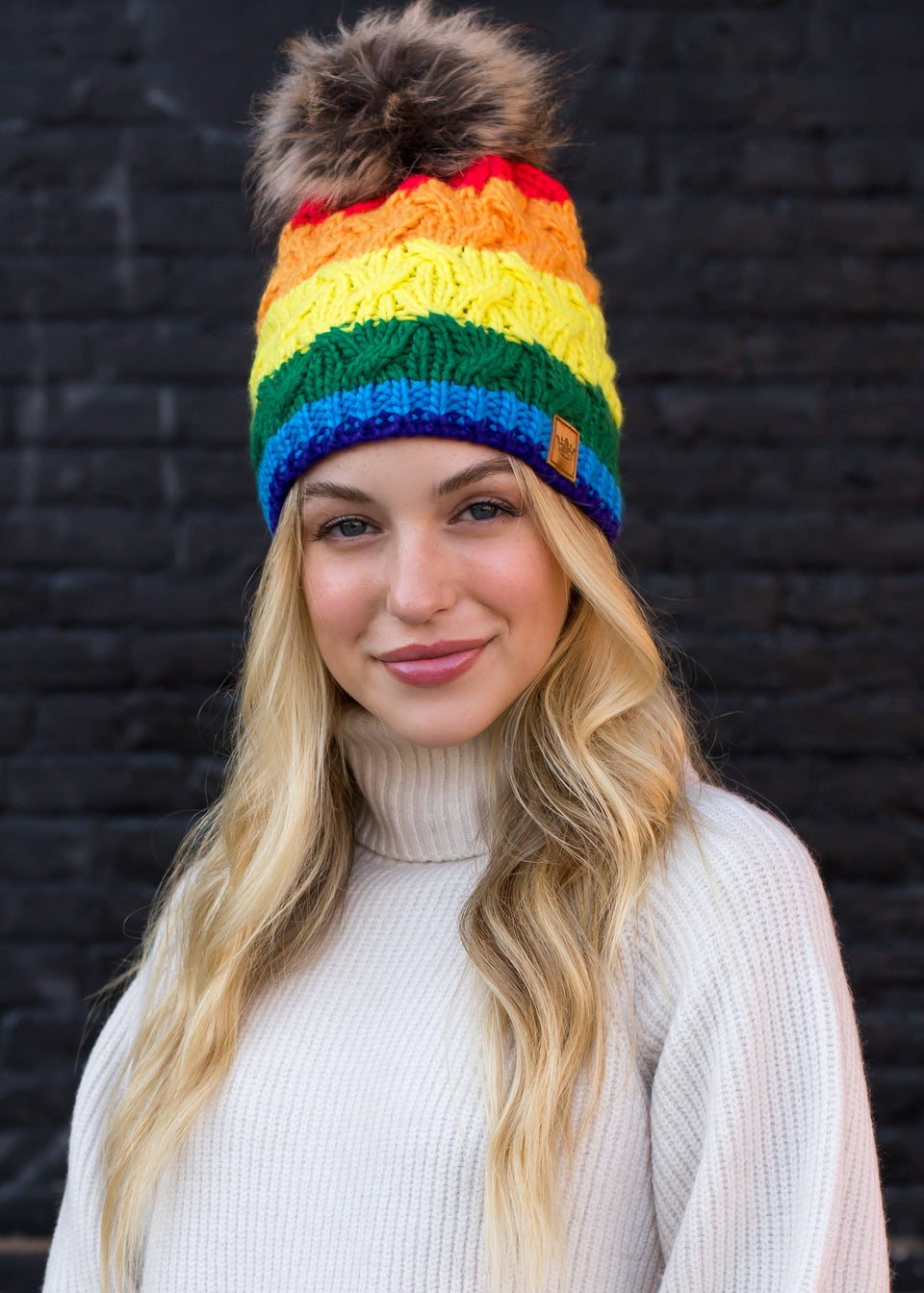 Rainbow Stripe Cable Knit Hat - Faux Fur Pom | petite shops