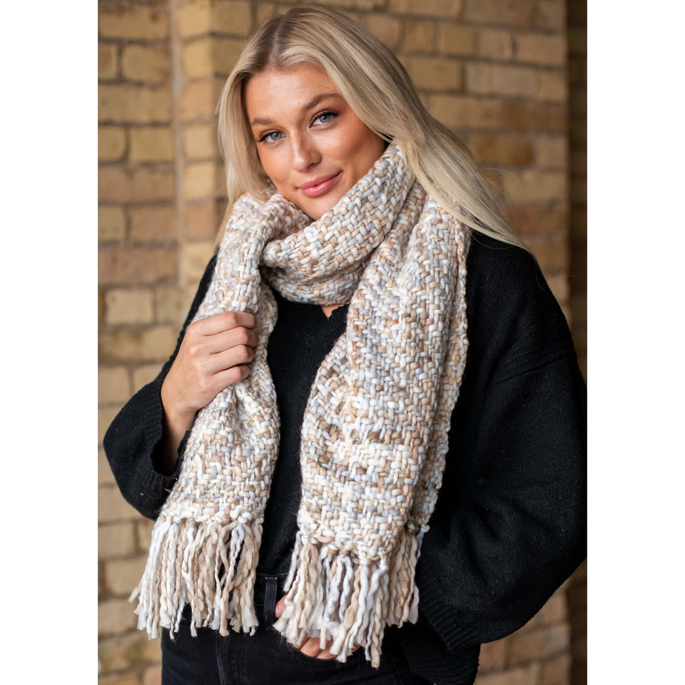 Long Woven Scarf with Fringe - Cream & Gray